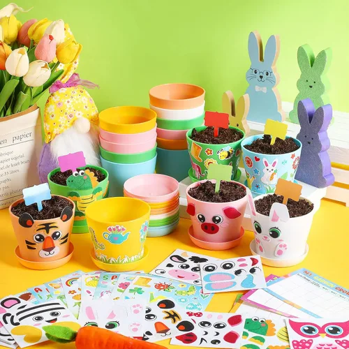 Miniatura 5 de Capoda Juego de 24 macetas de jardín, kit de manualidades, macetas de plástico de primavera para vivero con calcomanías, tablas de crecimiento