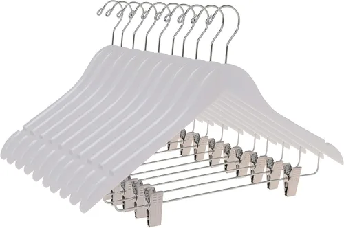 Miniatura 12 de Perchas de madera de calidad para faldas con clips, paquete de 20 perchas de nogal para pantalones con clips de metal dorado ajustables, gancho