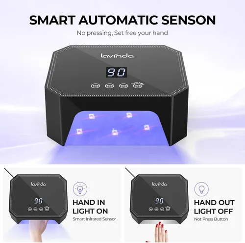 Miniatura 4 de Lavinda Lámpara de uñas LED UV de 54 W, luz de uñas de gel enchufable con pantalla LCD, 4 temporizadores, sensor automático, longitud de onda doble