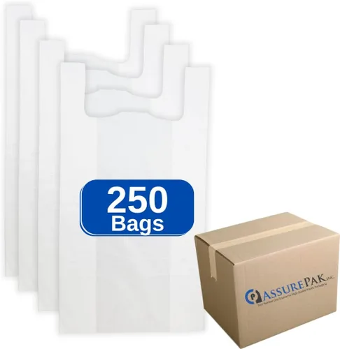ASSUREPAK Bolsas blancas de polietileno de alta densidad sin imprimir – 20 x 10 x 36 pulgadas con asas – 250 unidades – 18 micras – Venta al por
