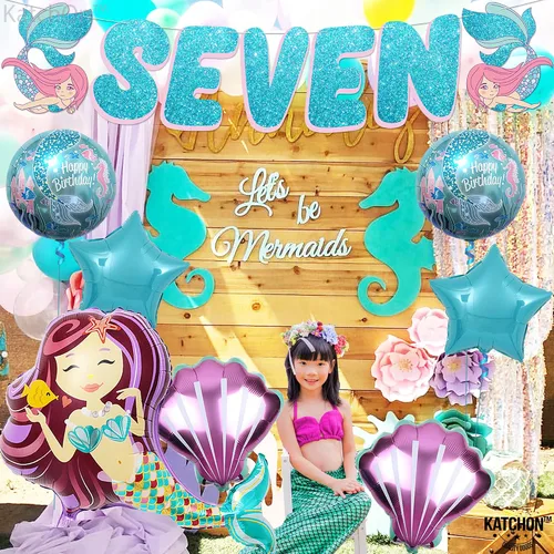 Miniatura 8 de KatchOn Decoraciones de 7º cumpleaños de sirena grande – Paquete de 8 Globos de sirena y decoraciones de fiesta para niñas 7