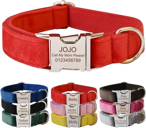 Miniatura 8 de Collar para perro personalizado con hebilla metálica - Collares para mascotas personalizados con nombre y número de teléfono (Estilo Terciopelo1)