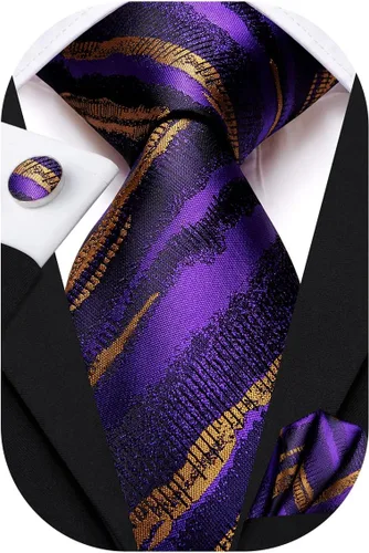 Miniatura 286 de Hi-Tie Corbatas de seda para hombre, diseño de cachemira a rayas, con bolsillo, gemelos cuadrados, conjunto formal de negocios