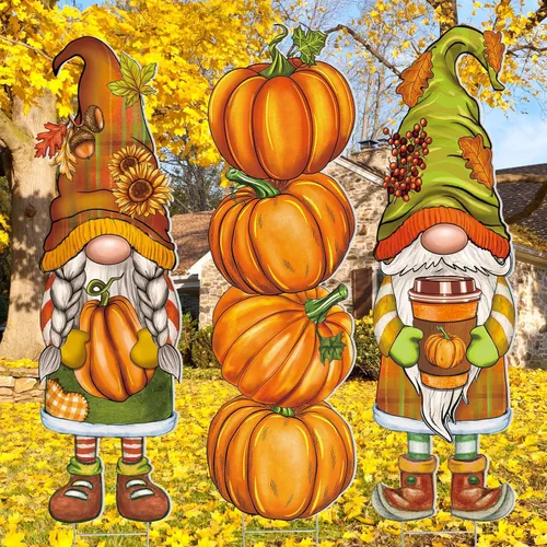 Umigy 3 piezas de gnomo de otoño para decoración de patio con estacas de 32 x 10 pulgadas, decoración de jardín de otoño exterior para el hogar,