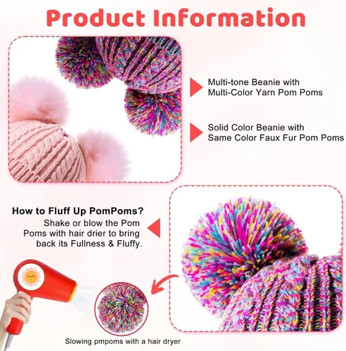 Miniatura 4 de Winter Hat for Kids Toddler Children, Girls Beanie with Double Pom Pom Warm Fleece Lined, Girls Accessories Knit Beanies Cap