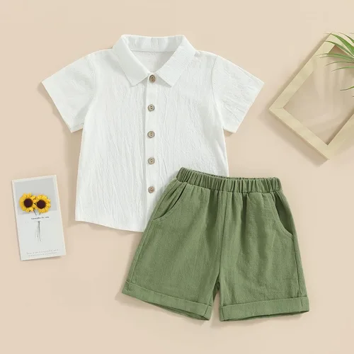 Miniatura 2 de Karuedoo Conjunto de 2 piezas de ropa de algodÃ³n y lino de manga corta con botones y pantalones cortos para el verano