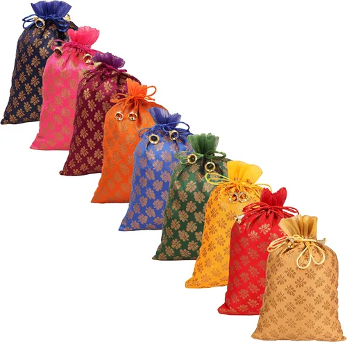 Miniatura 9 de Touchstone Hermosas bolsas de regalo reutilizables, respetuosas con el medio ambiente, con cordón grande, patrón de hojas de mimosa, brocado