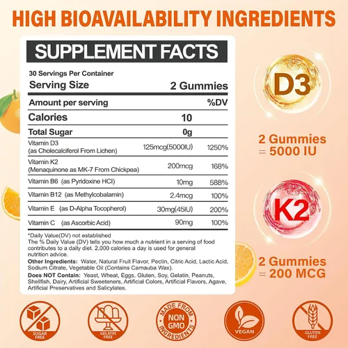 Miniatura 2 de Paquete de 2 gomitas de vitamina D3 K2 para adultos, vitamina D3 sin azúcar, 5000IU + K2(MK-7) Suplemento de 200 mcg con complejo de vitamina B