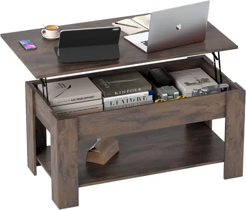 Miniatura 14 de FDW Mesa de Centro Elevable de 39.4 pulgadas con Compartimento Oculto y Estante de Almacenamiento, Tablero de Madera Elevable para Hogar, Sala