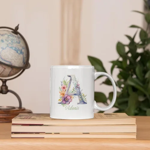 Miniatura 6 de Taza de café personalizada de la letra A del alfabeto, Taza de café blanca con nombre personalizado único, Taza inicial de monograma floral