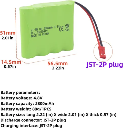 Miniatura 2 de sea jump Paquete de 2 baterías AA de 4.8 V 2800 mAh RC con enchufe JST-2P y cable de carga USB adecuado para juguetes eléctricos RC, excavadoras