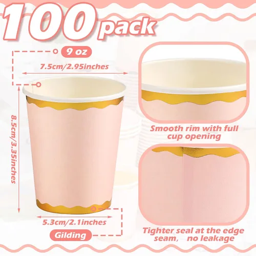 Miniatura 3 de Funtery 100 tazas de papel de color rosa claro de 9 onzas desechables taza de café rosa taza de fiesta para graduación, boda, vacaciones, picnic
