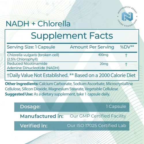 Miniatura 2 de Nootropics Depot NADH + Chlorella vulgaris (células rotas) cápsulas de 400 mg Dinucleótido de adenina de nicotinamida de 20 mg Clorofila 10 mg