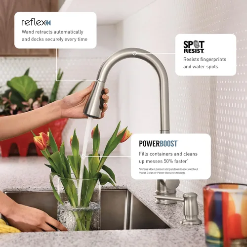 Miniatura 2 de Moen Kurv Spot Resist Stainless Collection 9126SRS - Grifo de cocina desplegable de una manija con refuerzo de potencia y reflejo Acero inoxidable