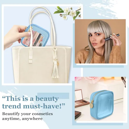 Miniatura 6 de izuzta Bolsa de maquillaje pequeña de nylon para bolso, linda bolsa de cosméticos con cremallera, bolsa de maquillaje preppy, Azul, Mini 2-Azul