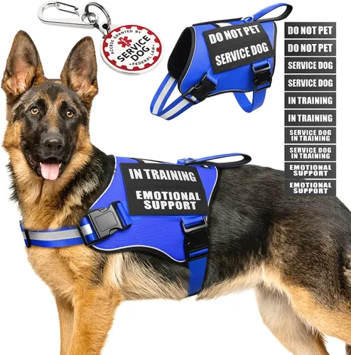 Miniatura 10 de Arnés de chaleco para perro de servicio+Etiqueta de identificación+10 parches, etiqueta de perro de servicio metálica y chaleco reflectante de apoyo