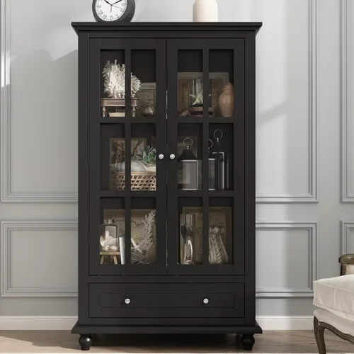 Miniatura 12 de Estantería alta blanca con puertas de cristal, vitrina de madera con estante y cajón ajustables de 3 niveles, armario de despensa para oficina