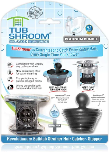 TubShroom Paquete Combinado de Atrapapelos para Desagüe de Bañera con Tapón de Silicona, Cromo Negro – Protector para Desagües de Baño, se adapta a
