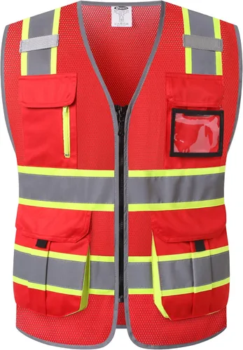JKSafety Chaleco de seguridad de malla de alta visibilidad con 9 bolsillos para hombres y mujeres, Chaleco reflectante de seguridad, cremallera