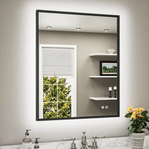 Miniatura 19 de TETOTE Espejo de baño retroiluminado de 30 x 36 pulgadas, marco de metal dorado cepillado, luz LED, 3 colores, blanco/cálido/natural, sin escalones