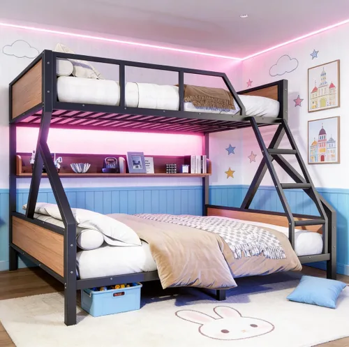Miniatura 28 de Bellemave - Litera de cama individual XL sobre queen de metal resistente para adultos, color negro