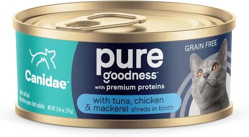 Canidae Pure Adore - Alimento húmedo prémium para gatos, atún, pollo y caballa en caldo, 2.46 onzas (caja de 24), sin granos