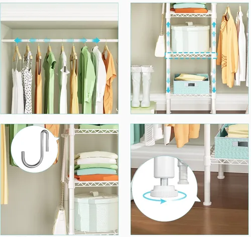 Miniatura 5 de Ulif M1 - Sistema Organizador de Almacenamiento para Closet, Perchero de Metal Resistente de 6 Niveles con 3 Varillas Expandibles para Colgar, Blanco