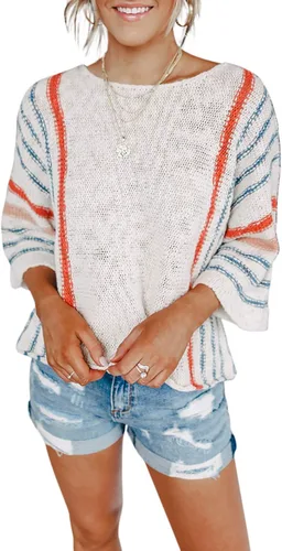 Dokotoo - Suéteres sin botones de playa de punto trenzado para mujer, bonitos, para verano y otoño, con bloques de colores a rayas, ligeros, cómodos