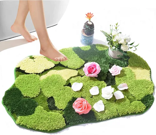 Hifuwan Lindas Alfombras de Baño de Musgo Verde Shag, Tapetes de Baño de Hojas para Decoración de Baño Estética, Hojas Suaves Antideslizantes