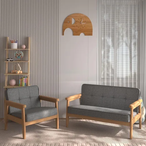 Miniatura 2 de Sofá de doble plaza para niños, sofá para niños con brazo de madera maciza y patrón de lino de PVC para el descanso de los niños (gris oscuro)