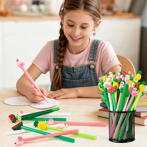 Miniatura 6 de 30 bolígrafos hawaianos Luau de tinta de gel negra de 0.020 in, lindo flamenco, sandía, cactus, piña, fruta para niños, estudiantes y suministros