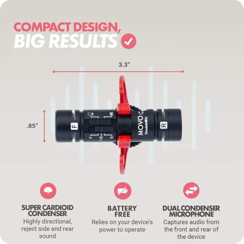 Miniatura 3 de Movo DoubleMic V2 Micrófono de escopeta de dos caras para vlogging de cámara - Micrófono externo de doble cápsula para iPhone, Android, teléfonos