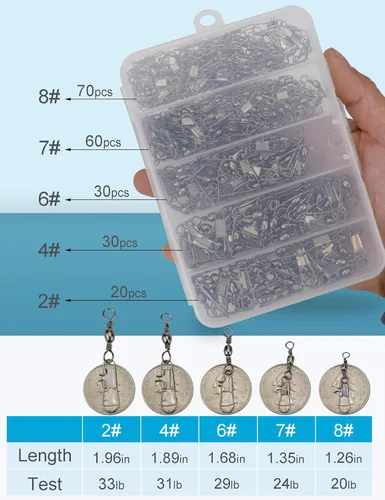 Miniatura 2 de Giratorios de pesca a presión, 210 piezas de barril giratorio con broches de presión, conectores giratorios de pesca de agua salada y agua dulce