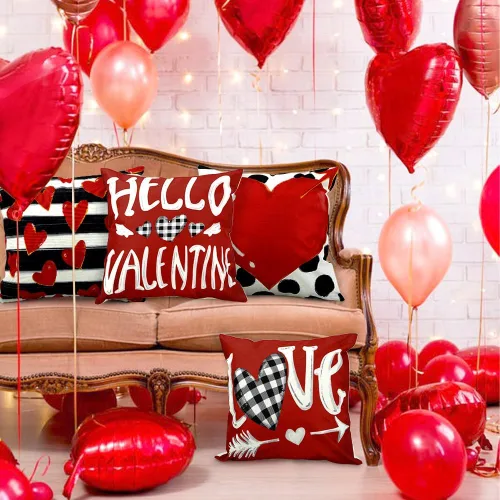 Miniatura 4 de Vellibring Fundas de almohada de San Valentín – 18 x 18 pulgadas a rayas de lunares, diseño de corazón de búfalo, almohadas decorativas para sofá
