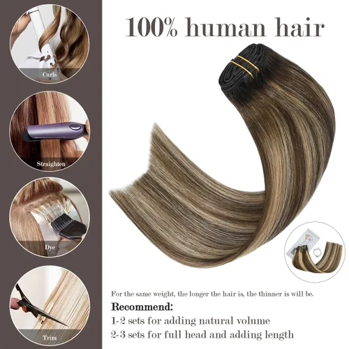 Miniatura 2 de Honsoo Extensiones de cabello humano real con pinzas, color marrón chocolate a rubio, 2.47 onzas, 7 unidades, 15 pulgadas, extensiones de cabello