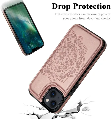 Miniatura 6 de MMHUO Funda para iPhone 14 con tarjetero y parte trasera magnética de flores para iPhone 14, funda protectora para iPhone 14, color oro rosa