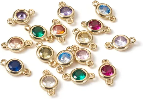 Cheriswelry 48 piezas de 15 mm de cuentas planas redondas de aleación de metal de cañón con cristal de strass, cuentas de piedra natal coloridas, 3