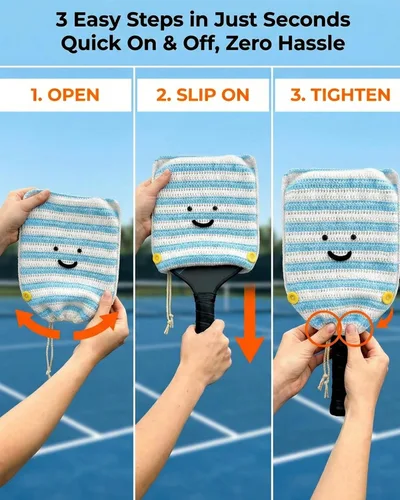 Miniatura 6 de Funda de paleta de pickleball de ganchillo para regalo, funda hecha a mano para mujeres y hombres, bonitos accesorios con bolsa de prensa, lista Azul
