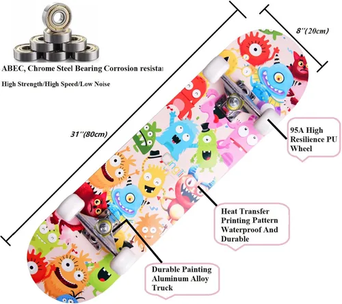 Miniatura 3 de Patinetas para principiantes, niños, niñas y adultos, 31 x 8 pulgadas, 7 capas de arce, cóncavo de doble patada, fascinante fresco, sólido y duradero