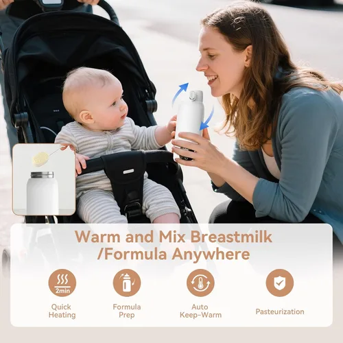 Miniatura 3 de Calentador de botellas portátil para viajes, calentamiento rápido de 3 minutos para leche materna, fórmula y agua, frasco grande de acero inoxidable