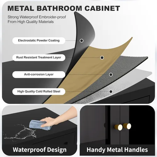 Miniatura 4 de Gabinete de Almacenamiento de Metal para Baño, Gabinete Aparador Negro con Puertas de Vidrio y Estantes Ajustables, Pequeños Gabinetes de Metal