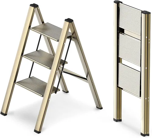 WOA WOA Escalera de 3 escalones, taburete plegable, escalera ligera de aluminio para armario de cocina del hogar, pedales antideslizantes, facilidad