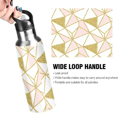 Miniatura 4 de Stainless Steel Vacuum Insulated Water Bottle 20 Oz, Leakproof Water Bottles for Gym Outdoor Travel School, Geometric Gold Triangles