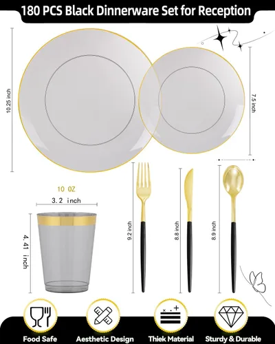 Miniatura 9 de Supernal Juego de vajilla de plástico negro y dorado de 180 piezas para 30 invitados, elegantes platos desechables con cubiertos y tazas de plástico