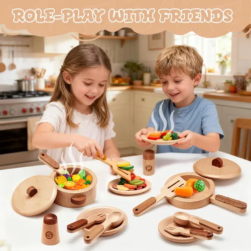 Miniatura 2 de WHOHOLL Accesorios de cocina de madera, juguetes de simulación, ollas y sartenes, juego de cocina para niños pequeños de 3, 4, 5, 6, juego de cocina