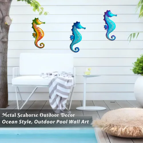 Miniatura 2 de POXOH - Juego de 3 decoraciones de pared de caballito de mar de metal, temática costera del océano de vida marina para interiores y exteriores, arte