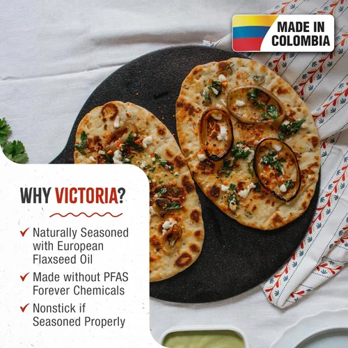 Miniatura 2 de Victoria - Sartén de hierro fundido de 12 pulgadas/30.5 centímetros Tawa Dosa, sartén de hierro fundido para pizza y crepes con asa de bucle