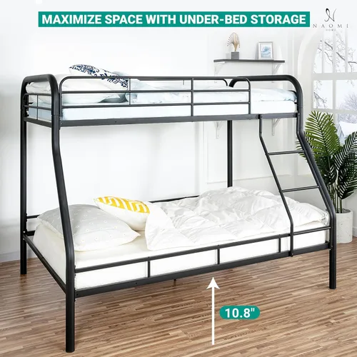 Miniatura 5 de Naomi Home Litera de metal individual sobre tamaño matrimonial con barandillas de seguridad, capacidad de 800 libras, escalera en ángulo, Negro