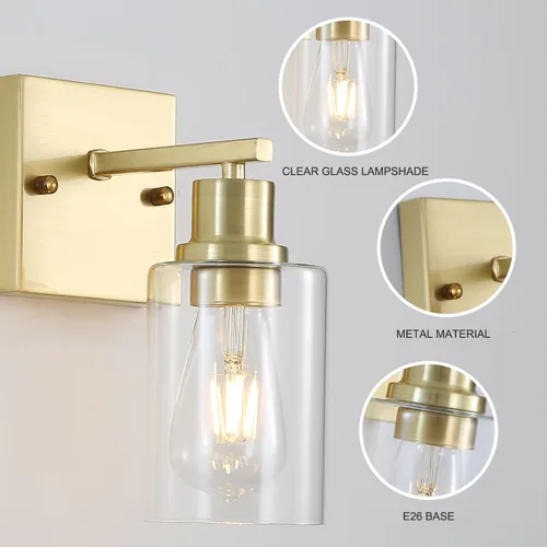 Miniatura 2 de Paquete de 2 lámparas de pared para sala de estar, luces de tocador de oro cepillado con pantalla de cristal, apliques de pared modernos de granja