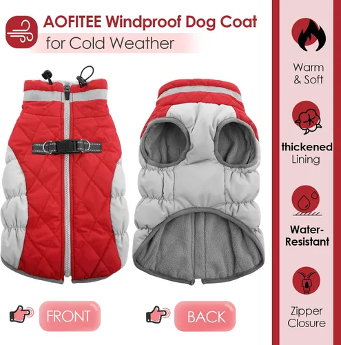 Miniatura 2 de AOFITEE Abrigo para perro, abrigo cálido de invierno para perros pequeños, chaqueta reflectante de cuello alto para perros con arnés integrado, Rojo